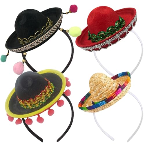 Sombrero -Partyhüte, Mini Sombrero Hüte, 4pcs mexikanischer Hut mit elastischem Stirnband, mexikanisches Stirnband für Themenpartyfoto -Requisiten von Pastoralist