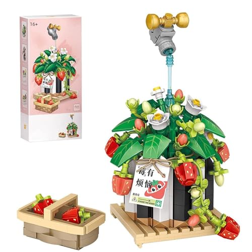 Pasyru Bonsai Pflanzen Bausatz, Erdbeer und Amaryllis Strauß im Topf, Mini Baustein, kreativer DIY Kunstblumen Bausatz, Geschenk für Kinder und Erwachsene, 686 Teile, Alter: 6-12 Jahre von Pasyru