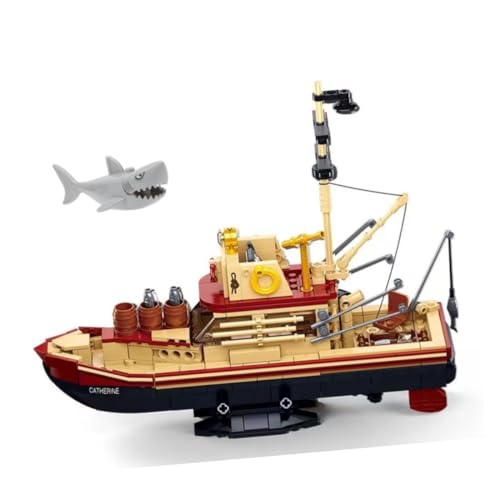 Stadt Fischerboot Bausteine Bausatz, Boot Bausteine Bausatz, 592 Teile Big Shark Fischerboot Bausteine Spielzeug mit Minifiguren, Boot Modell für Kinder Erwachsene (1118) von Pasyru