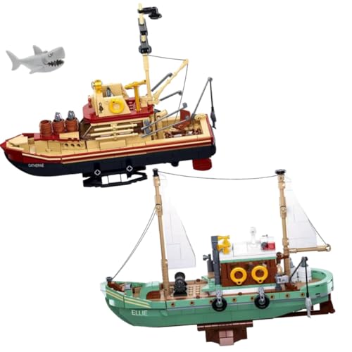 Stadt Fischerboot Bausteine Bausatz, Boot Bausteine Bausatz, Fischerhütte und Big Shark Fischerboot Bausteine Spielzeug mit Minifiguren, Boot Modell für Kinder Erwachsene von Pasyru