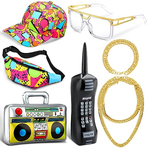 Paterr 7 Pcs 80er 90er Jahre Hip Hop Kostüm Kit 80er 90er Jahre Fanny Pack 90er Outfit Hut Glas Faux Gold Seil Kette Aufblasbare Radio Boombox Aufblasbares Handy für Frauen Männer Rapper DJ Kostüm Paterr 7 Pcs 80er 90er Jahre Hip Hop Kostüm Kit 80er 90er Jahre Fanny Pack 90er Outfit Hut Glas Faux Gold Seil Kette Aufblasbare Radio Boombox Aufblasbares Handy für Frauen Männer Rapper DJ Kostüm von Paterr