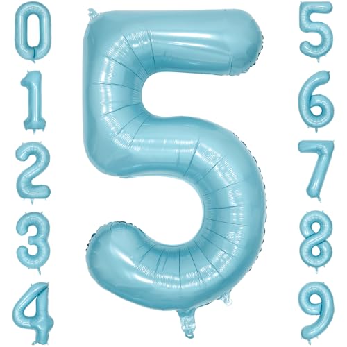 PatiCool 101,6 cm großer blauer Zahlenballon 5, große hellblaue Zahlen-Folie, Mylar-Ballons für Geburtstagsparty, Feier, Dekorationen, Zubehör, digitale Ballons für Hochzeitstag, Events, Dekorationen von PatiCool