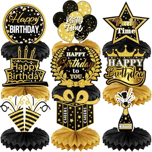 PatiCool 9 Stück Geburtstagsmittelaufsätze Dekoration für den Tisch | Schwarz und Gold Happy Birthday Tisch Waben-Mittelstücke für Party Event, wiederverwendbare Geburtstagstischdekorationen für PatiCool 9 Stück Geburtstagsmittelaufsätze Dekoration für den Tisch | Schwarz und Gold Happy Birthday Tisch Waben-Mittelstücke für Party Event, wiederverwendbare Geburtstagstischdekorationen für von PatiCool