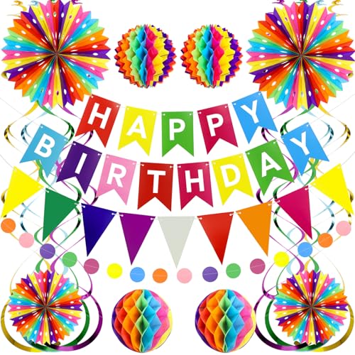 PatiCool Wiederverwendbare Geburtstagsdeko, Pre-Strung Bunt Geburtstag Party Deko, Regenbogen Happy Birthday Deko - Happy Birthday Girlande, Wimpelkette Geburtstag, Wabenbälle, Papierfächer PatiCool Wiederverwendbare Geburtstagsdeko, Pre-Strung Bunt Geburtstag Party Deko, Regenbogen Happy Birthday Deko - Happy Birthday Girlande, Wimpelkette Geburtstag, Wabenbälle, Papierfächer von PatiCool