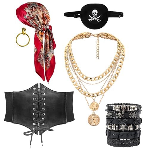 Piratenkostüm-Zubehör für Damen, Piraten-Outfit-Set mit Korsett, Lederarmband, Kopftuch, Augenklappe, Halloween-Kostüm, Rot/Ausflug, einfarbig (Getaway Solids), L von Paticr