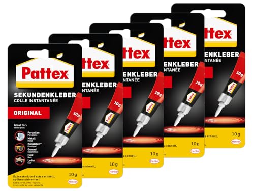 Pattex Sekundenkleber Flüssig, spülmaschinenfester Superkleber für viele Sofortreparaturen, schnelltrocknender farbloser Flüssigkleber, 5x10g Pattex Sekundenkleber Flüssig, spülmaschinenfester Superkleber für viele Sofortreparaturen, schnelltrocknender farbloser Flüssigkleber, 5x10g von Pattex