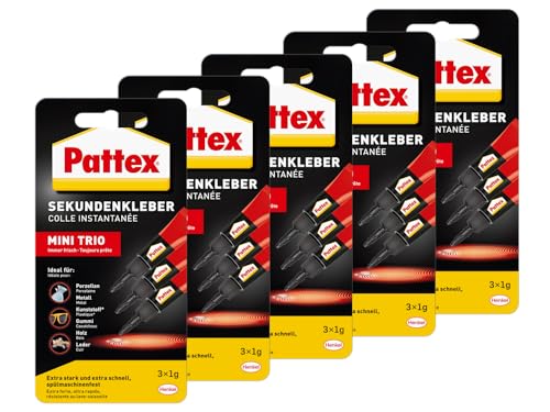 Pattex Sekundenkleber Flüssig Mini Trio, spülmaschinenfester Superkleber in 3 praktischen Tuben, schnelltrocknender farbloser Flüssigkleber, 5x 3x1g, mehrfarbig von Pattex