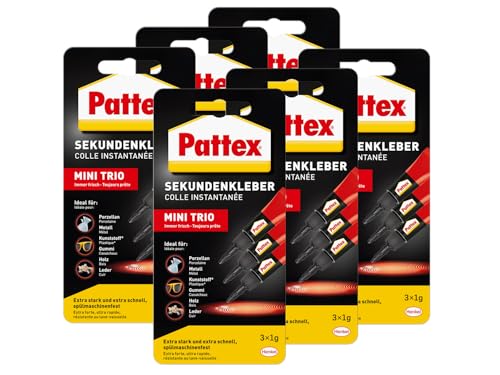Pattex Sekundenkleber Flüssig Mini Trio, spülmaschinenfester Superkleber in 3 praktischen Tuben, schnelltrocknender farbloser Flüssigkleber, 6x 3x1g, mehrfarbig von Pattex