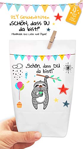 6x wunderschöne FAULTIER Geschenktüten - Tüten liebevoll bedruckt aus Kraftpapier, zum Verpacken von Geschenken, Gastgeschenken, Mitgebsel, Giveaways, Kindergeburtstag, Hochzeit. 100% recyclebar! von Paul´s Papierfabrik