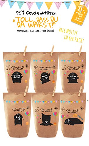 Paul´s Papierfabrik 6X Monster Geschenktüten/Papiertüten liebevoll Bedruckt aus Kraftpapier, zum Verpacken von Geschenken, Gastgeschenken, Mitgebsel, Giveaways, Kindergeburtstag, Hochzeit. von Paul´s Papierfabrik