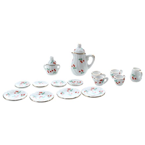 Pavewood 15 Stueck Miniatur Puppenhaus Geschirr Porzellan Tee Set Geschirr Tasse Teller rote Kirsche von Pavewood