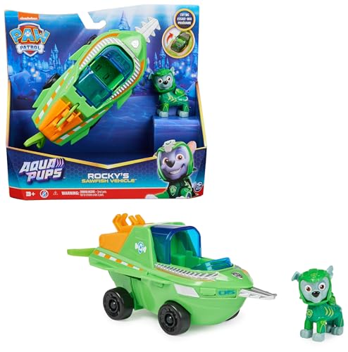 PAW PATROL, Aqua Pups - Basis Fahrzeug Spielzeugauto im Sägefisch-Design mit Rocky Welpenfigur, Spielzeug geeignet für Kinder ab 3 Jahren von PAW PATROL