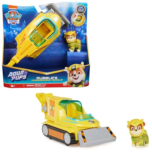 PAW PATROL, Aqua Pups - Basis Fahrzeug Spielzeugauto im Hammerhai-Design mit Rubble Welpenfigur, Spielzeug geeignet für Kinder ab 3 Jahren von PAW PATROL