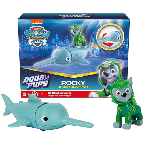 PAW PATROL, Aqua Pups - Hero Pups Actionfiguren-Set mit 1 Rocky Welpenfigur und 1 Sägefisch Figur, Spielzeug geeignet für Kinder ab 3 Jahren von PAW PATROL