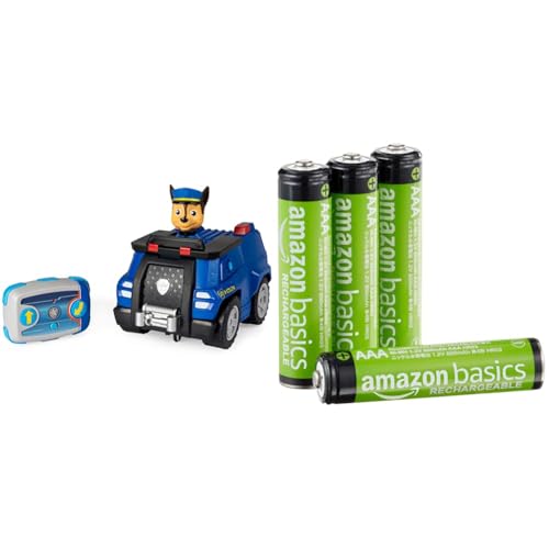 Paw Patrol Chases ferngesteuertes Polizeiauto mit Fernbedienung, ab 3 Jahren, Batteriebetrieben & Amazon Basics AAA-Batterien, wiederaufladbar, vorgeladen, 4 Stück, (Aussehen kann variieren) von Paw Patrol
