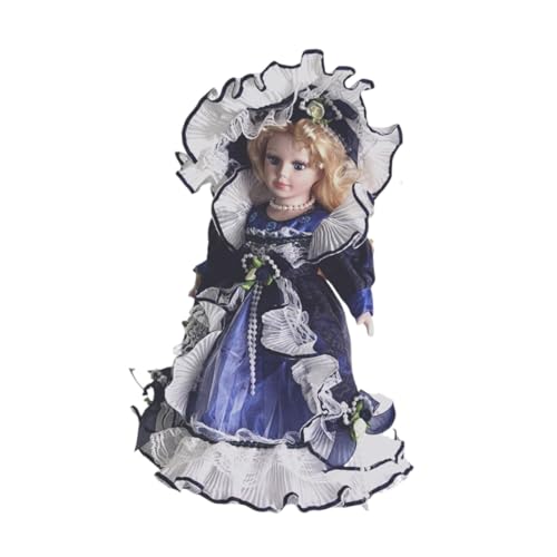 PawwJoy Porzellan-Mädchenpuppe, Keramikpuppe mit Kleid und Hut, 30 cm, für Tisch, Heimdekoration, Sammlerstück, Blau von PawwJoy