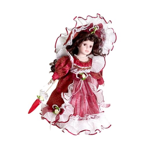 PawwJoy Porzellan-Mädchenpuppe, Keramikpuppe mit Kleid und Hut, 30 cm, für Tisch, Heimdekoration, Sammlerstück, Rot von PawwJoy