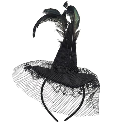Paxrmuky Hexenhut Haarreif mit Schleier, Federn, Schleife, Accessoire für Hexen Zubehör, Deko, Hexenkostüm, Halloween, Karneval & Fasching (black 2) von Paxrmuky