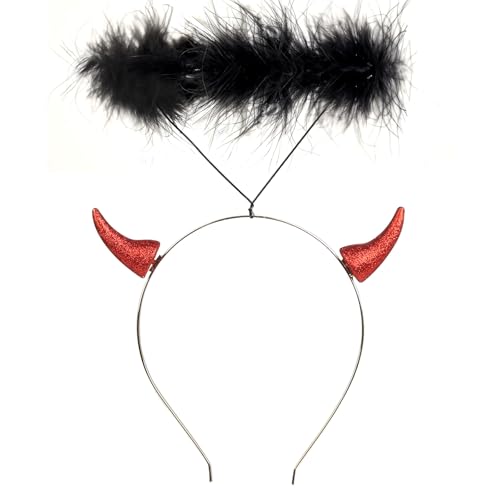 Paxrmuky Teufel Hörner schwarz Engel Halo Stirnbänder, Teufel Kostüm Zubehör Halloween Stirnband Karneval Cosplay Teufel Engel Kostüm von Paxrmuky