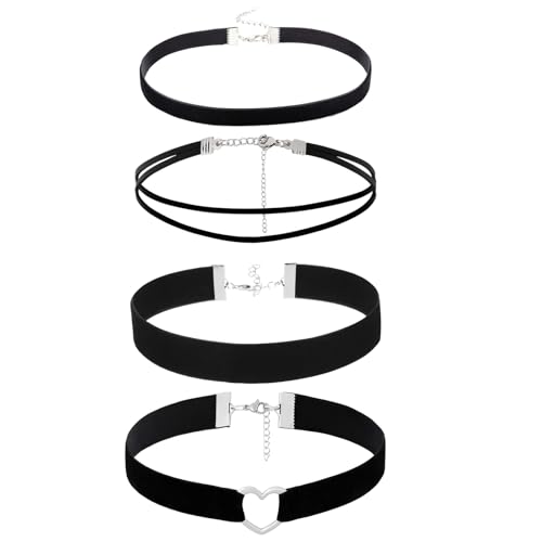 Choker Kette Damen, 4 Stück Schwarze Lederhalsband Damen, Verstellbare Elegante Halsband Damen Schmuck, Halsreif Für Shopping Partys Festivals, Freunde Freundinnen von PceGan