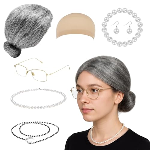 8 Stück Rentner Kostüm, Oma Kostüm Alte Frau Damen, Old Lady Kostüm Set Oma Perücke, Brillen Ketten Oma Brille Armband Perlenkette, Ideal für Halloween Mottopartys und Rollenspiele von PceGan