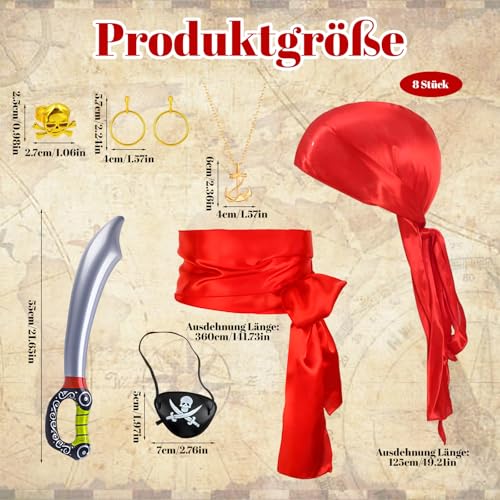 Augenklappe Pirat, 8-teiliges Piratenkostüm Damen Accessoires für Erwachsene, Piratenkostüm Damen Herren, Piraten Accessoires mit rotem Tuch, Gürtel, Augenbinde, Säbel, für Halloween und Mottopartys Augenklappe Pirat, 8-teiliges Piratenkostüm Damen Accessoires für Erwachsene, Piratenkostüm Damen Herren, Piraten Accessoires mit rotem Tuch, Gürtel, Augenbinde, Säbel, für Halloween und Mottopartys von PcvGef