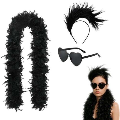 Federboa Schwarz, 3er Set Party Accessoires Mit Federboa, Herz Sonnenbrille Schwarz Und Schal, 20er Jahre Accessoires Damen Für Halloween, Hochzeit Und Karneval von PcvGef