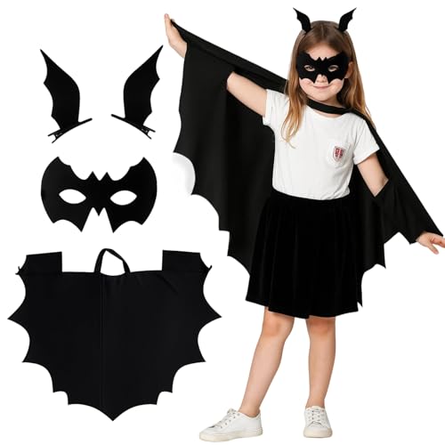 Fledermaus Kostüm Kinder, 3-teiliges Set mit Umhang, Maske und Haarspange, Schwarzes Fledermauskostüm für Halloween, Karneval und Themenpartys, Rollenspiel für Mädchen und Jungen Fledermaus Kostüm Kinder, 3-teiliges Set mit Umhang, Maske und Haarspange, Schwarzes Fledermauskostüm für Halloween, Karneval und Themenpartys, Rollenspiel für Mädchen und Jungen von PcvGef