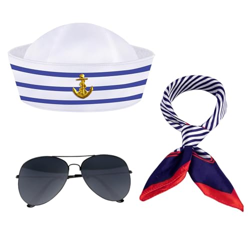 PcvGef Matrosenmütze Set, 3-teiliges Matrosen Kostüm mit Seemannsmütze, Kapitänsmütze und Sonnenbrille, maritime Kleidung für Damen und Herren, ideal für Schiffsparty und Verkleidung von PcvGef