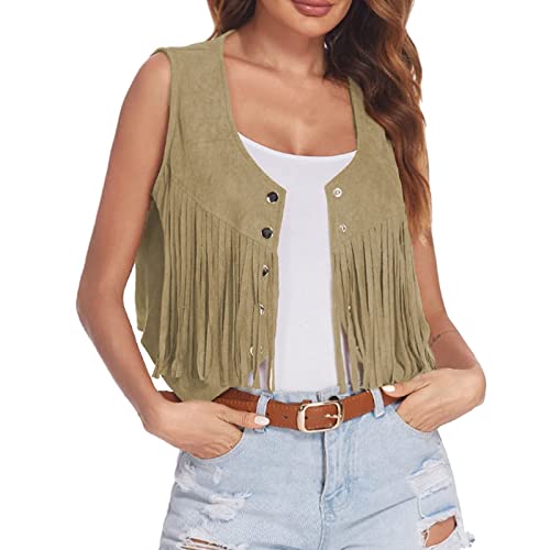 70Er 60Er Jahre Be Damen, Hippie Kostüm Damen Set Fransen Ärmellos Weste Hippie Damen Cowgirl Rocker Mädchen Disco Outfit Cowboy Fransenweste Piraten Bolero Karneval Faschings(04 Brown,XXL) von Pdakieyxnd