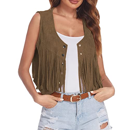 70Er 60Er Jahre Be Damen, Hippie Kostüm Damen Set Fransen Ärmellos Weste Hippie Damen Cowgirl Rocker Mädchen Disco Outfit Cowboy Fransenweste Piraten Bolero Karneval Faschings(05 Coffee,XXL) von Pdakieyxnd