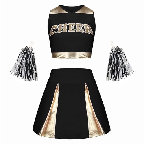 Damen Cheerleaderin Kostüm Set Cheerleader Pompons Karneval Faschings Tanzkostüm Set Cheerleading Kostüm Cheerleaderuniform Halloween Tanzkleidungset Kostüm Cheerleader Mädchen(01 Black,XL) von Pdakieyxnd