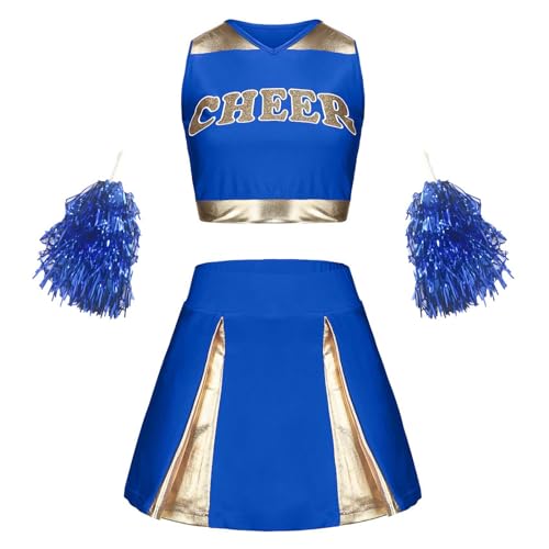 Damen Cheerleaderin Kostüm Set Cheerleader Pompons Karneval Faschings Tanzkostüm Set Cheerleading Kostüm Cheerleaderuniform Halloween Tanzkleidungset Kostüm Cheerleader Mädchen(04 Blue,XXL) von Pdakieyxnd