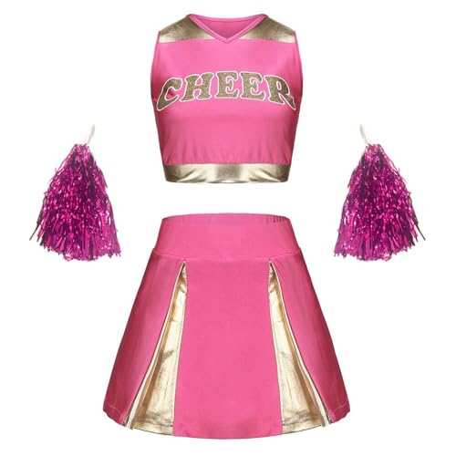 Damen Cheerleaderin Kostüm Set Cheerleader Pompons Karneval Faschings Tanzkostüm Set Cheerleading Kostüm Cheerleaderuniform Halloween Tanzkleidungset Kostüm Cheerleader Mädchen(05 Hot Pink,XL) von Pdakieyxnd