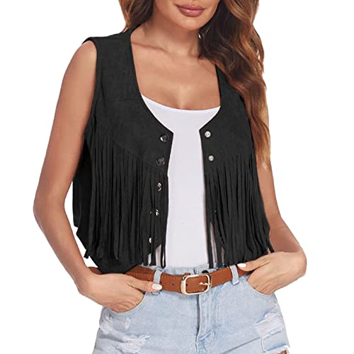 Pdakieyxnd 70Er 60Er Jahre Be Damen, Hippie Kostüm Damen Set Fransen Ärmellos Weste Hippie Damen Cowgirl Rocker Mädchen Disco Outfit Cowboy Fransenweste Piraten Bolero Karneval Faschings(02 Black,S) von Pdakieyxnd