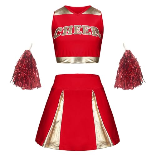 Pdakieyxnd Cheerleader Kostüm Damen, Fancy Dress Uniform mit Pompons, Football Kostüm, Cheerleader Kostüm für Halloween Party Kostüm Karneval Damen(02 Red,S) von Pdakieyxnd