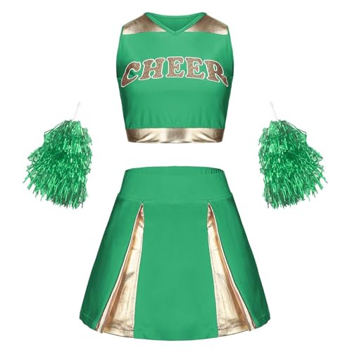 Pdakieyxnd Cheerleader Kostüm Damen, Fancy Dress Uniform mit Pompons, Football Kostüm, Cheerleader Kostüm für Halloween Party Kostüm Karneval Damen(03 Green,XL) von Pdakieyxnd