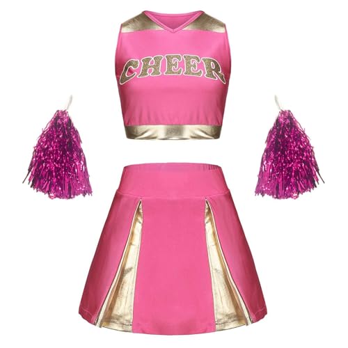 Pdakieyxnd Cheerleader Kostüm Damen, Fancy Dress Uniform mit Pompons, Football Kostüm, Cheerleader Kostüm für Halloween Party Kostüm Karneval Damen(05 Hot Pink,M) von Pdakieyxnd