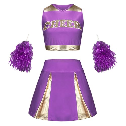 Pdakieyxnd Cheerleader Kostüm Damen, Fancy Dress Uniform mit Pompons, Football Kostüm, Cheerleader Kostüm für Halloween Party Kostüm Karneval Damen(07 Purple,L) von Pdakieyxnd
