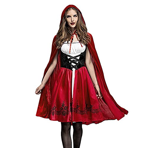 Pdakieyxnd Damen Rotkäppchen Kostüme, 2 Stück Karnevalskostüm Damen Kleid und Umhang, Halloween Cosplay Red Riding Hood Gothic Cosplay für Karneval Karnevalskostüm Damen Große Größen(01 Red,S) von Pdakieyxnd