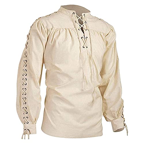 Pdakieyxnd Mittelalter Hemd Herren - Herren Piratenhemd Wikinger Steampunk Retro Renaissance Mittelalter Gothic Ritter Viktorianisch Medieval Katana Rüschen Karneval Kostüm(A Beige,3XL) von Pdakieyxnd