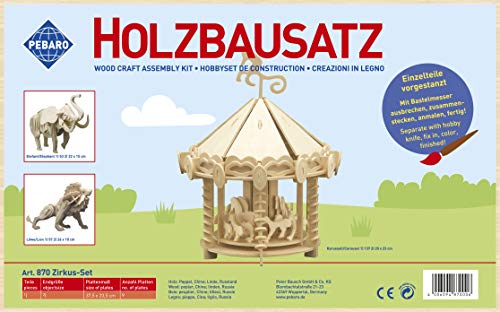 Pebaro 870 Holzbausatz Zirkus-Set, 3 Stück 3D Puzzles: Elefant, Löwe, Karussell, Modellbausatz, Basteln mit Holz, Holzpuzzle, vorgestanzte Holzplatte, ausbrechen, zusammenstecken, fertig, Geschenkidee von Pebaro