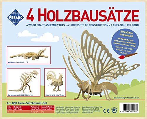 Pebaro 860 Holzbausatz Tiere-Set, 4 Stück 3D Puzzles Tiere: Krokodil, Schmetterling, Hahn, Ouranosaurus, Modellbausatz, Basteln mit Holz, Holzpuzzle, vorgestanzte Holzplatten, Geschenkidee von Pebaro