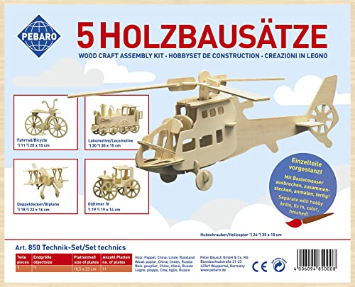 Pebaro 850 Holzbausatz Technik-Set, 5 Stück 3D Puzzles: Fahrrad, Lokomotive, Doppeldecker, Oldtimer, Hubschrauber; Modellbausatz, Basteln mit Holz, Holzpuzzle, vorgestanzte Holzplatten, Geschenkidee Pebaro 850 Holzbausatz Technik-Set, 5 Stück 3D Puzzles: Fahrrad, Lokomotive, Doppeldecker, Oldtimer, Hubschrauber; Modellbausatz, Basteln mit Holz, Holzpuzzle, vorgestanzte Holzplatten, Geschenkidee von Pebaro