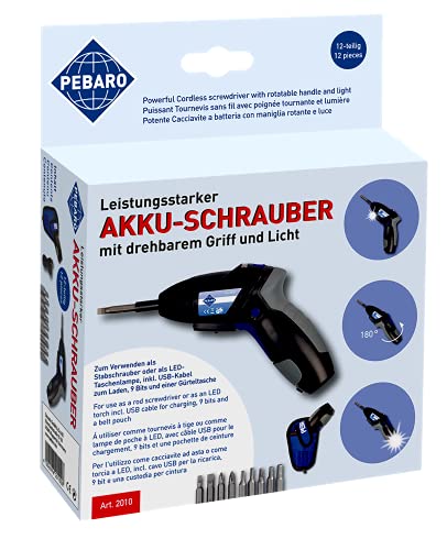 Pebaro 2010 Leistungsstarker Akkuschrauber, 9 Bits, USB-Kabel, Gürteltasche, drehbarer Griff zur Verwendung als Stabschrauber oder LED-Taschenlampe, Geschenkidee für Kinder von Pebaro
