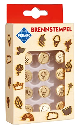 Pebaro 20700 Brennstempel für Brandmalerei, Pyrographie, Holzbrennen, 12-teilig, aus Messing - Verschiedene Motive wie Eis, Elfe, Stern etc., zum Brennen auf Holz, Leder, Kork und anderen Materialien von Pebaro