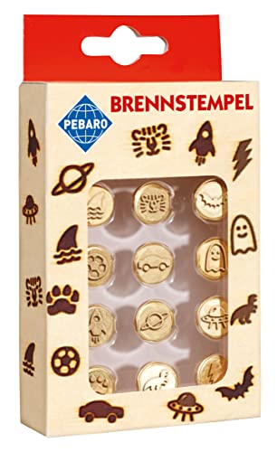 Pebaro 20800 Brennstempel für Brandmalerei, Pyrographie, Holzbrennen, 12-teilig, aus Messing - Verschiedene Motive wie Tiger, Auto, Dino etc., zum Brennen auf Holz, Leder, Kork und anderen Materialien von Pebaro