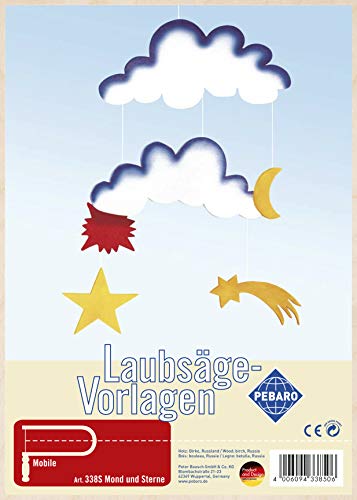 Pebaro 338S Laubsägevorlage Mobile Windspiel Mond und Sterne, 3mm Sperrholz DIN A 4, Motiv vorgedruckt, aussägen mit Laubsägebogen, basteln, anmalen, fertig, Laubsägen, Basteln mit Holz, Geschenkidee von Pebaro