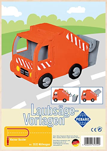 Pebaro 353S Laubsägevorlage Müllwagen, 3mm Sperrholz DIN A 4, Motiv vorgedruckt, aussägen mit Laubsägebogen, basteln, anmalen, fertig, Laubsägen, Basteln mit Holz, Geschenkidee von Pebaro