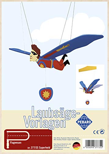 Pebaro 377/3S Laubsägevorlage Mobile Windspiel Superheld, 3mm Sperrholz DIN A 4, Motiv vorgedruckt, aussägen mit Laubsägebogen, basteln, anmalen, fertig, Laubsägen, Basteln mit Holz, Geschenkidee von Pebaro